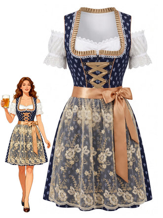 Blaues 50er Oktoberfest-Dirndl-Set mit Carmen-Top und Spitzenschürze