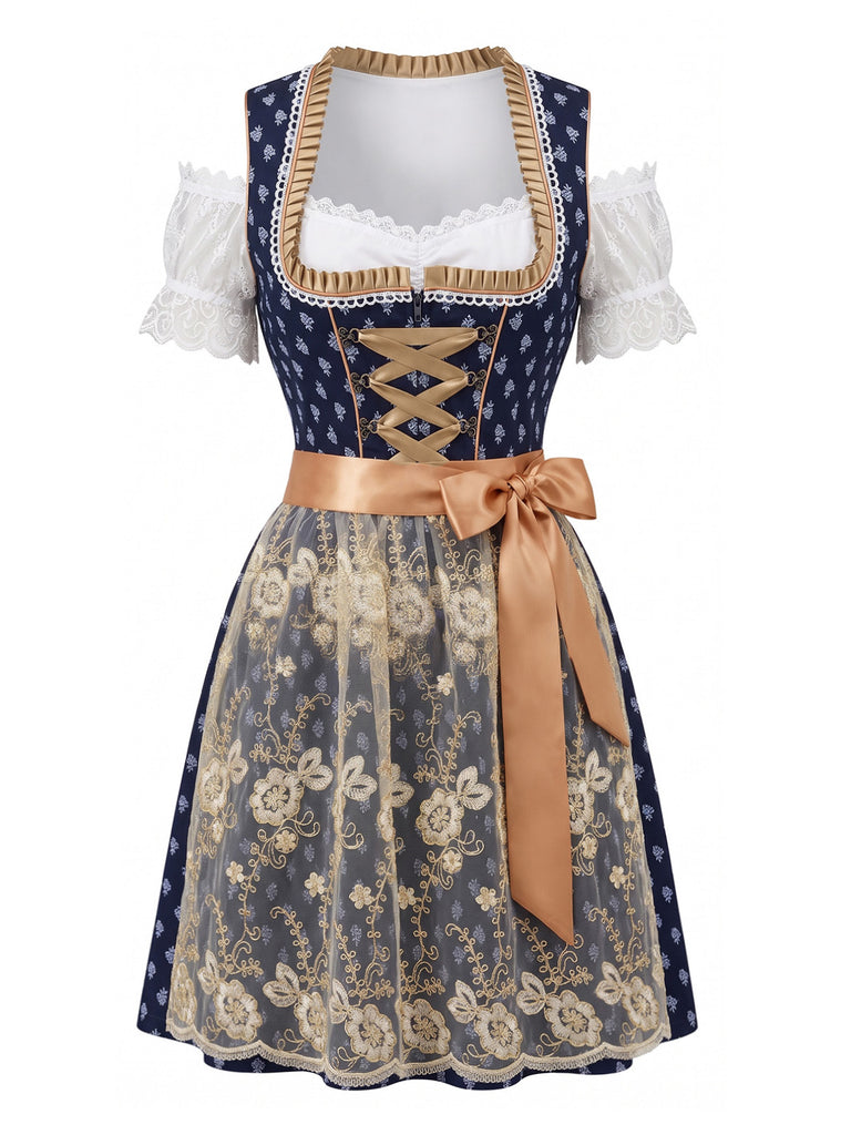 Blaues 50er Oktoberfest-Dirndl-Set mit Carmen-Top und Spitzenschürze