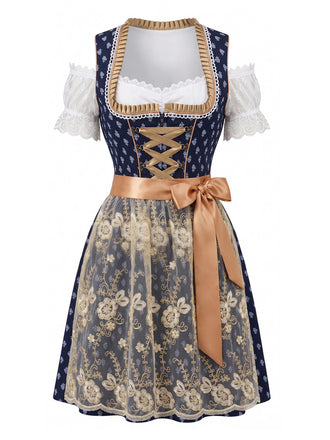 Blaues 50er Oktoberfest-Dirndl-Set mit Carmen-Top und Spitzenschürze