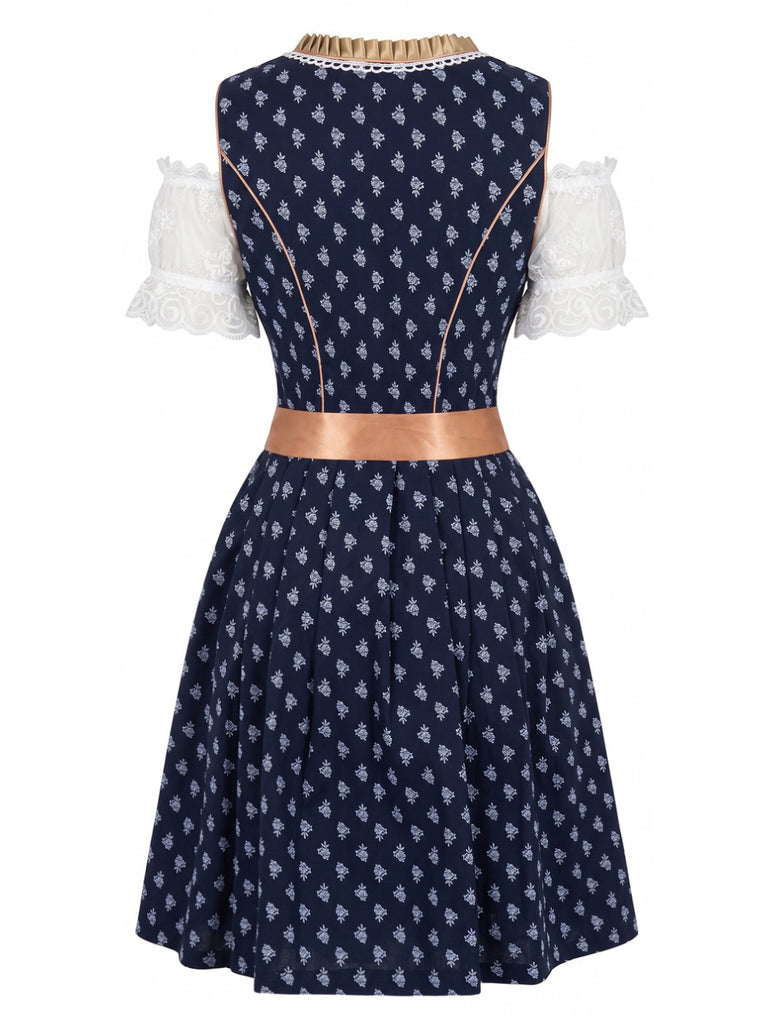 Blaues 50er Oktoberfest-Dirndl-Set mit Carmen-Top und Spitzenschürze