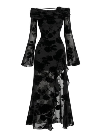 Schwarzes 30er schulterfreies Netzkleid mit Blumen
