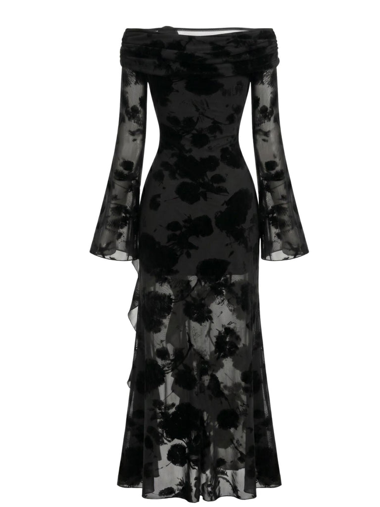 Schwarzes 30er schulterfreies Netzkleid mit Blumen