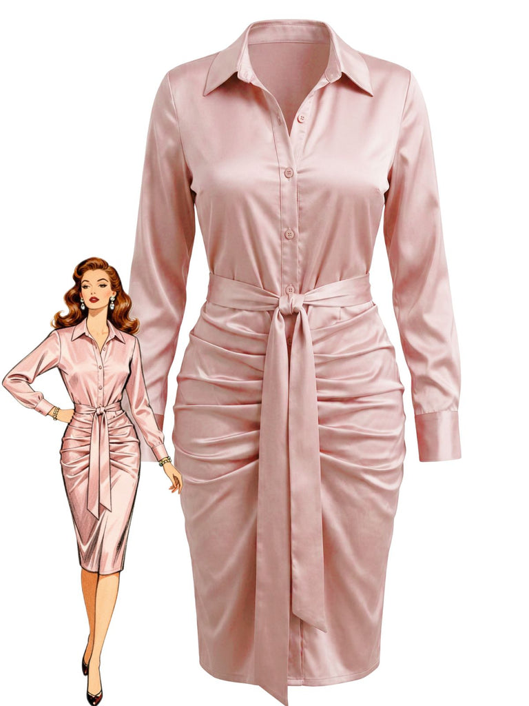Rosafarbenes 60er Satinhemdkleid mit Raffung und Bindegürtel