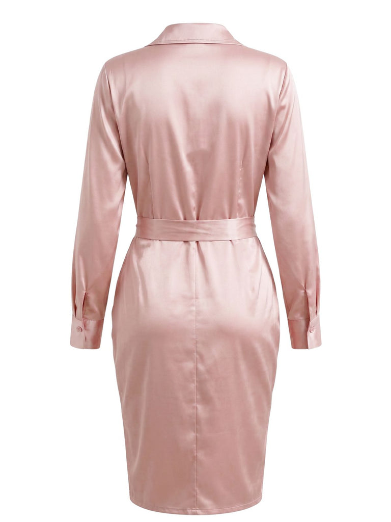 Rosafarbenes 60er Satinhemdkleid mit Raffung und Bindegürtel