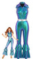 Blauer 60er Metallic-Jumpsuit mit Holo-Effekt und Schlagbein