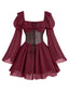Weinrotes 50er Kleid mit Karree-Ausschnitt und Trompetenärmeln