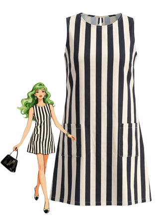 60er ärmelloses Minikleid mit Streifen und Taschen