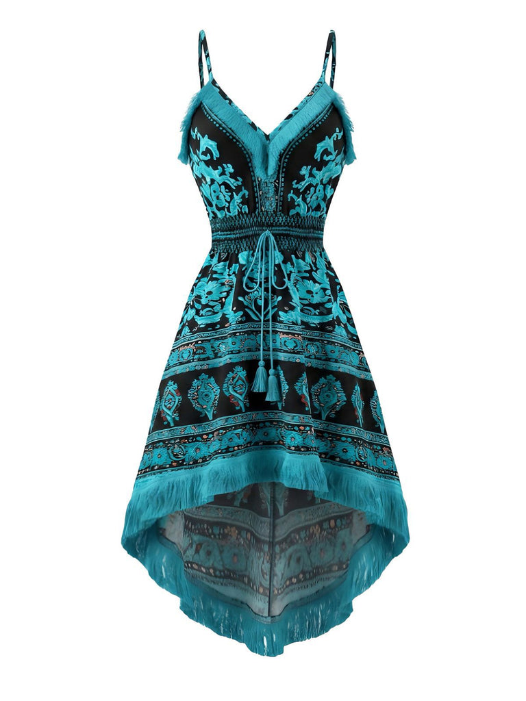 70er Boho Kleid mit Fransen-Besatz und High-Low