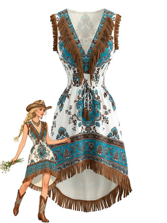 Weißes 70er Boho Minikleid mit Paisley und Fransen