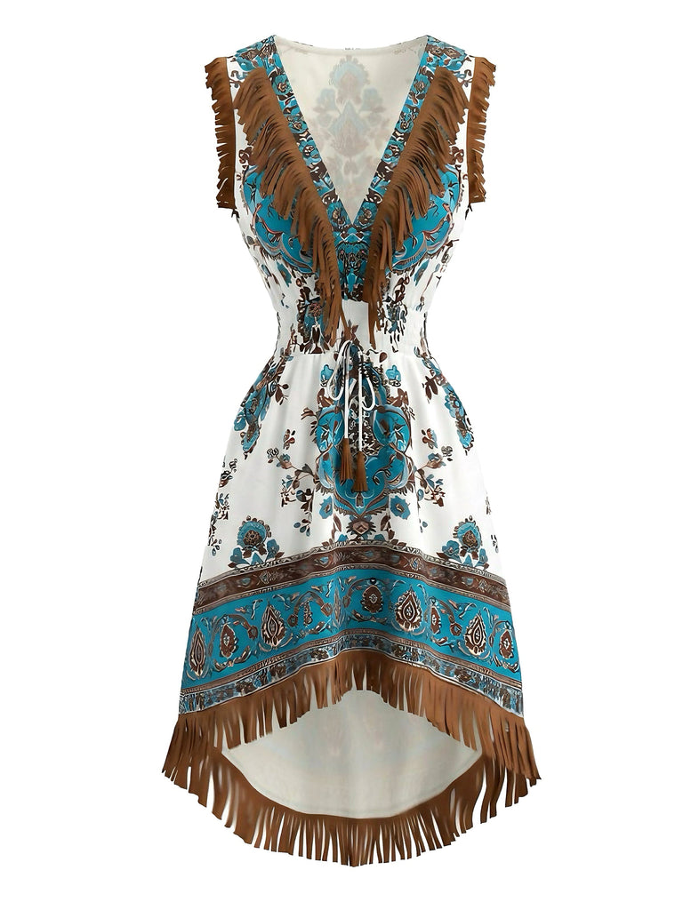 Weißes 70er Boho Minikleid mit Paisley und Fransen