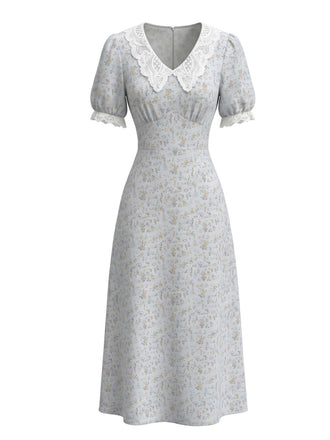 Blaues 30er Spitzenkleid mit Streublumen und V-Ausschnitt