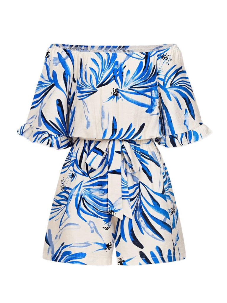50er schulterfreies Romper mit Rüschen und Print