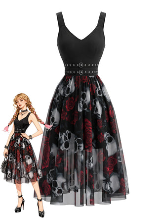 Schwarzes 70er Gothic Kleid mit Rose und Totenkopf