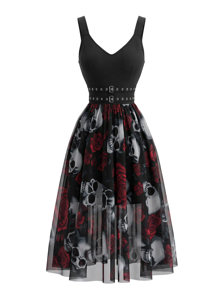 Schwarzes 70er Gothic Kleid mit Rose und Totenkopf