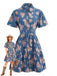 Blaues 70er Shirtkleid mit Blumen-Print und Reverskragen