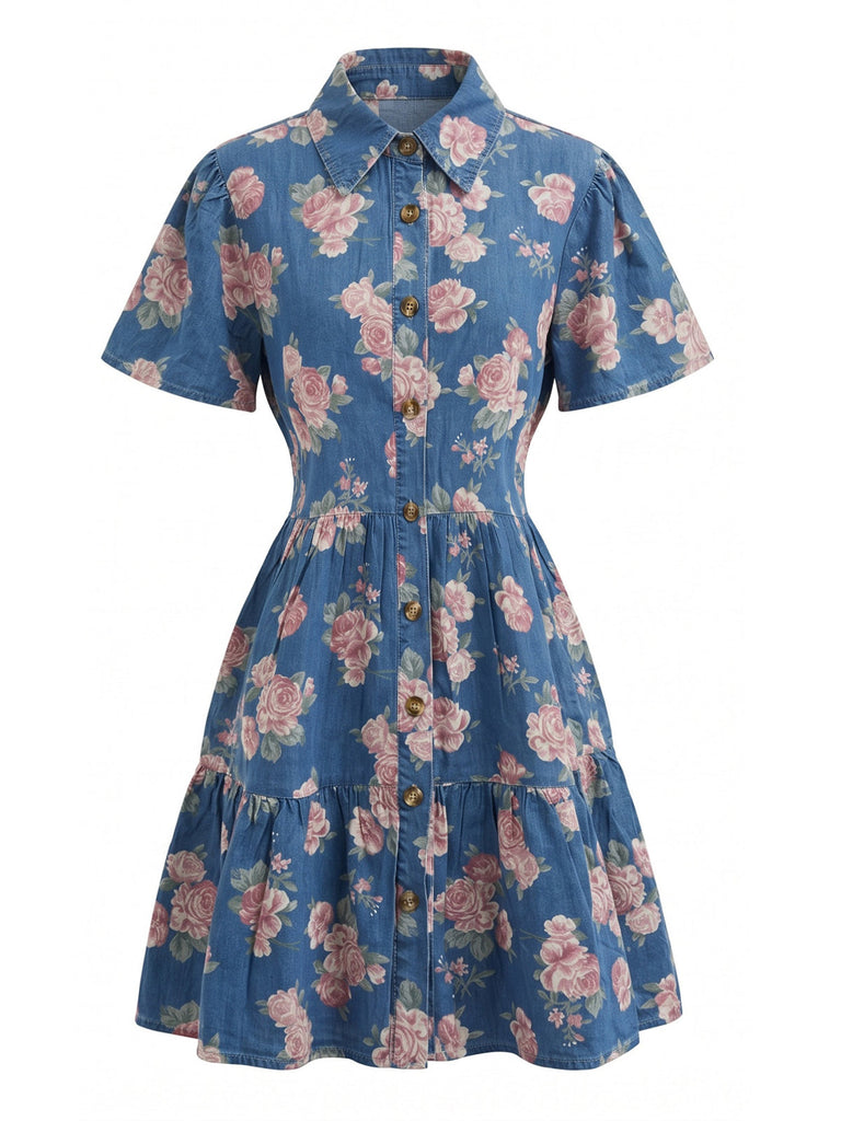 Blaues 70er Shirtkleid mit Blumen-Print und Reverskragen