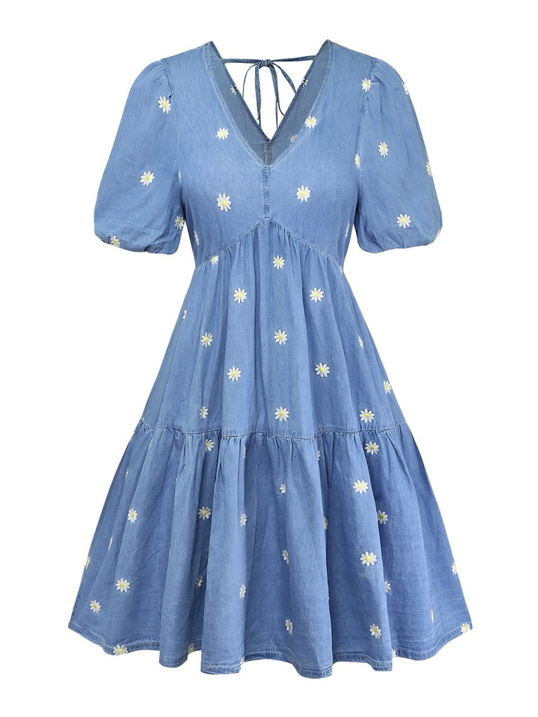 Blaues 70er Kleid mit Puffärmel und V-Ausschnitt