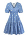 Blaues 70er Kleid mit Puffärmel und V-Ausschnitt