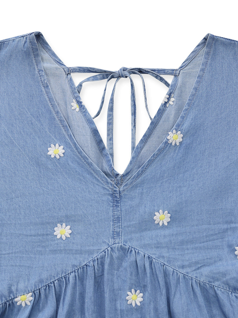 Blaues 70er Kleid mit Puffärmel und V-Ausschnitt