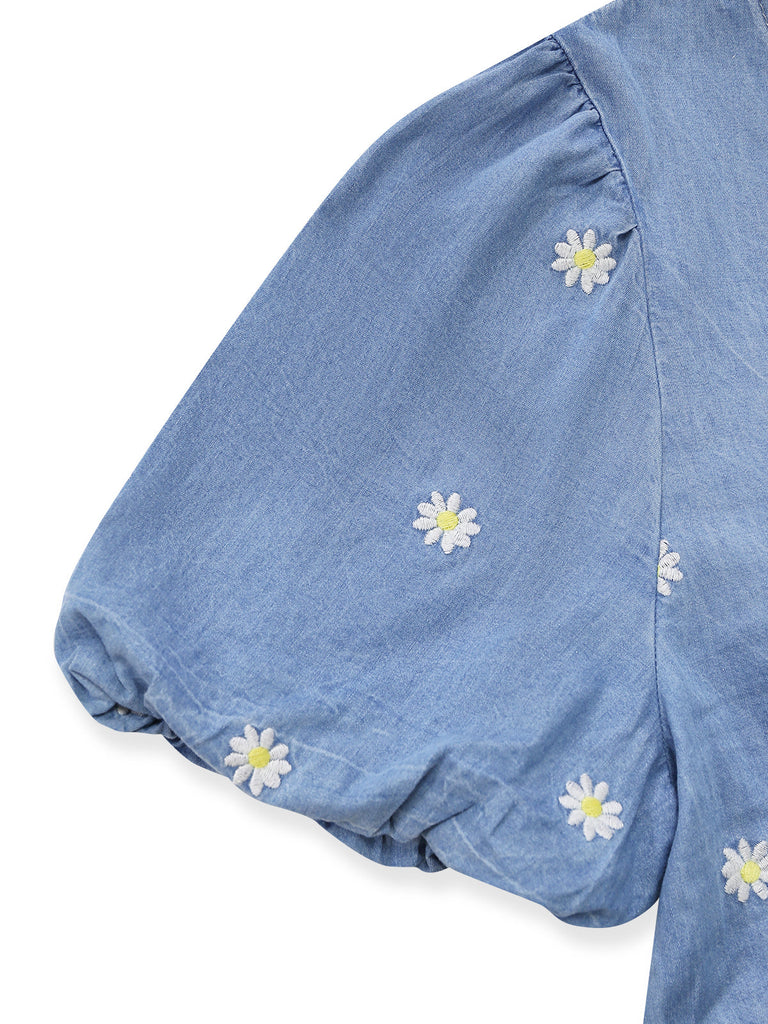 Blaues 70er Kleid mit Puffärmel und V-Ausschnitt