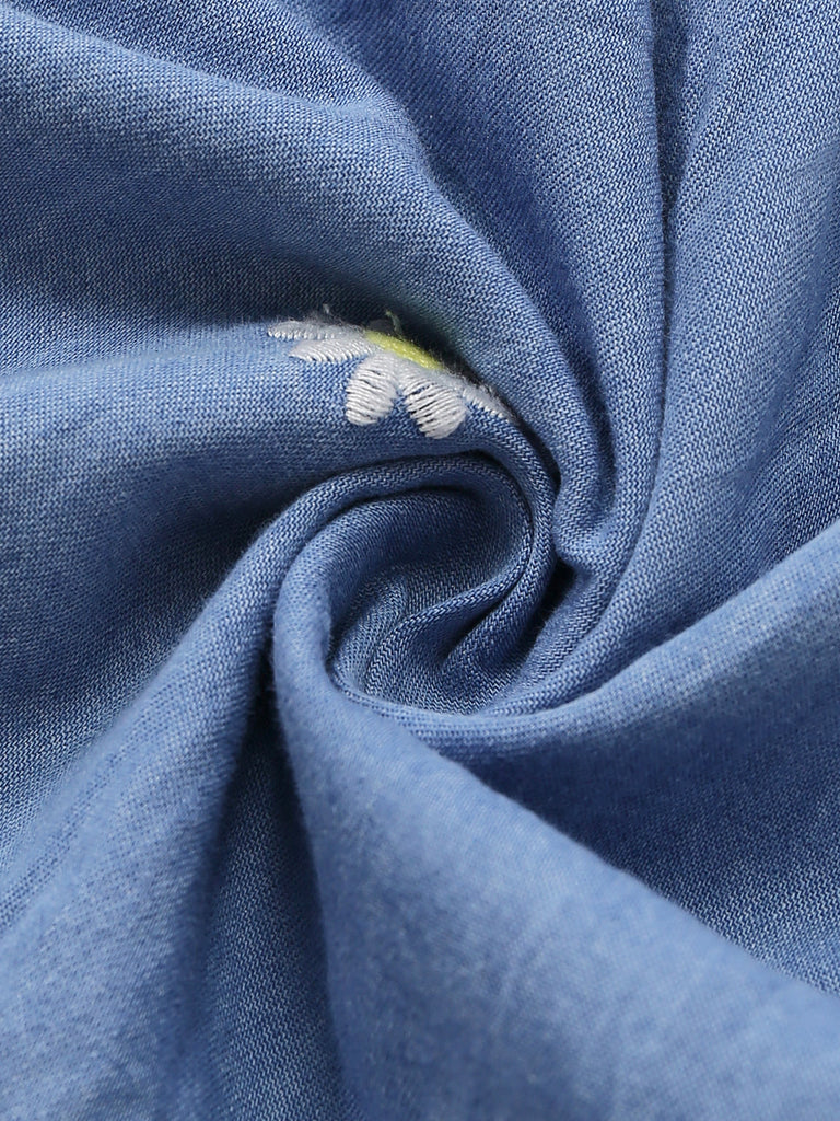 Blaues 70er Kleid mit Puffärmel und V-Ausschnitt