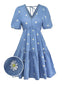 Blaues 70er Kleid mit V-Ausschnitt und Gänseblümchenstickerei