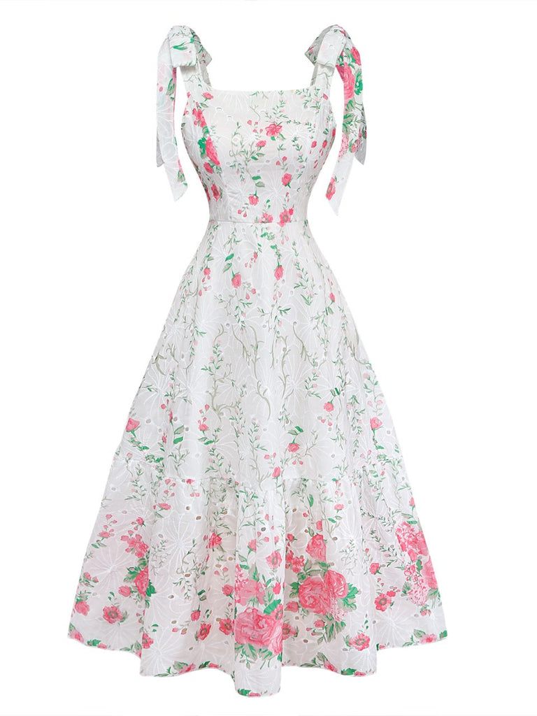 Weißes 50er Kleid mit Bindeband und Blumenstickerei