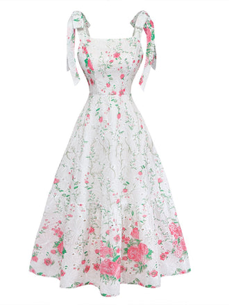 Weißes 50er Kleid mit Bindeband und Blumenstickerei