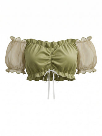 Chartreuse 50er Crop-Top mit Rüschen und Puffärmel