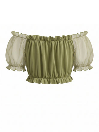 Chartreuse 50er Crop-Top mit Rüschen und Puffärmel