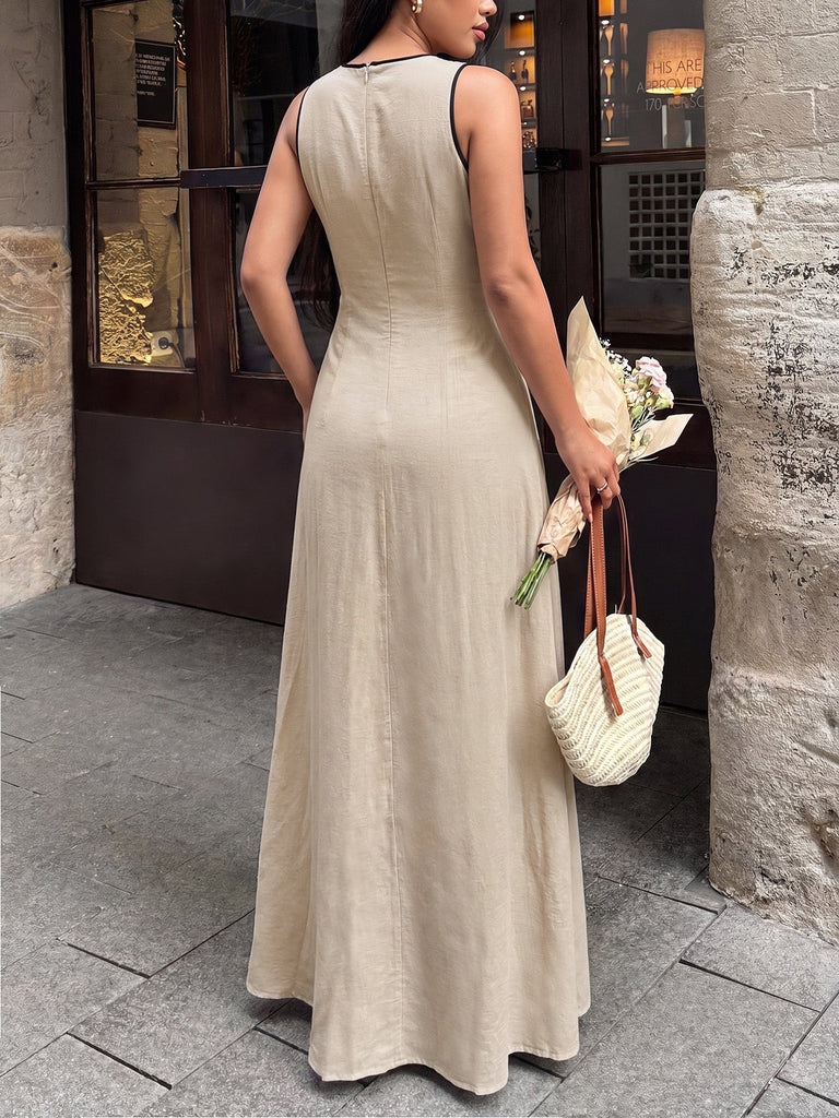 Khaki 70er Maxikleid mit Bindefront und Kontrastpaspel