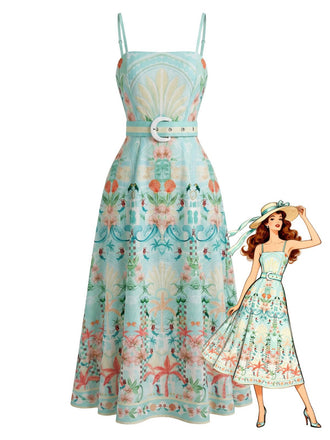 Eisgrünes 70er Smockkleid mit tropischen Pflanzen und Gürtel