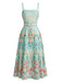 Eisgrünes 70er Smockkleid mit tropischen Pflanzen und Gürtel