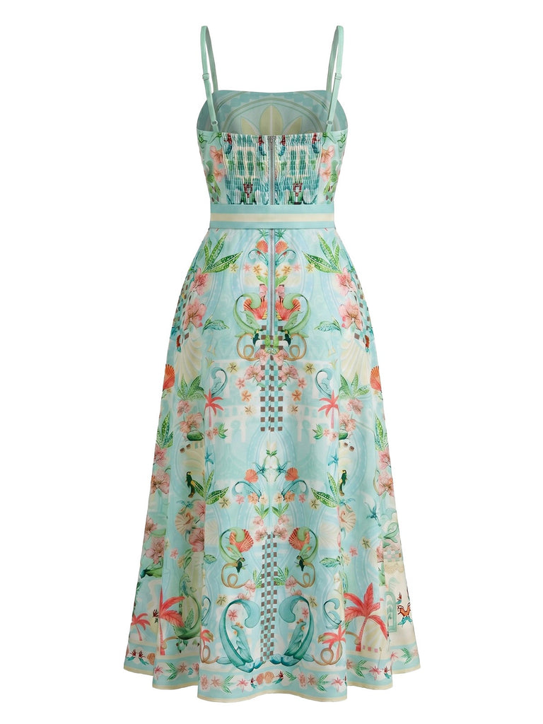 Eisgrünes 70er Smockkleid mit tropischen Pflanzen und Gürtel