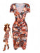 Braunes 60er Bodycon-Kleid mit Blumen und Raffung