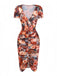 Braunes 60er Bodycon-Kleid mit Blumen und Raffung