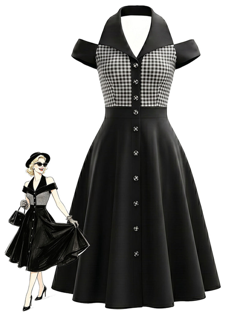 Schwarz-Weißes 50er Gingham-Kleid mit Neckholder