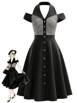 Schwarz-Weißes 50er Gingham-Kleid mit Neckholder