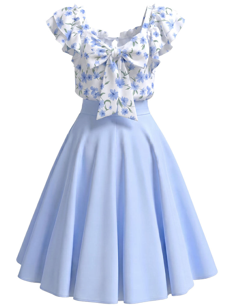 Blaues 50er Kleid mit Blumen-Print und Rüschen