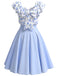 Blaues 50er Kleid mit Blumen-Print und Rüschen