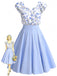Blaues 50er Kleid mit Blumen-Print und Rüschen