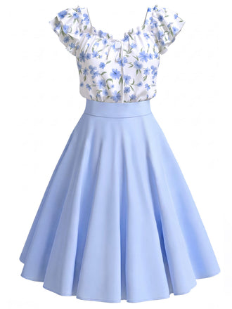 Blaues 50er Kleid mit Blumen-Print und Rüschen