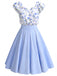Blaues 50er Kleid mit Blumen-Print und Rüschen
