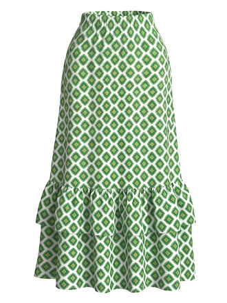 60er Maxirock mit Geometrie-Print und Rüschensaum