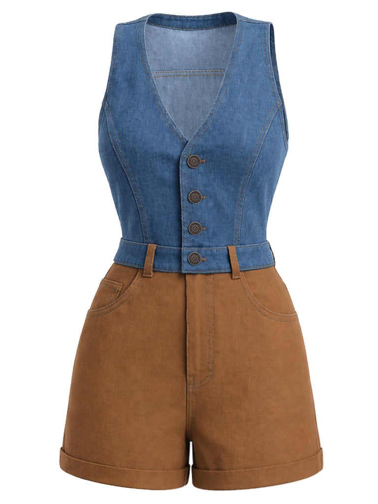 [Pre-Sale] Blue And Brown 1970s V Neck Denim Jumpsuit 3