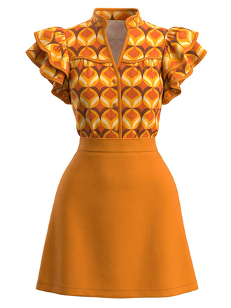 Orange 60er Kleid mit Rüschen und Print