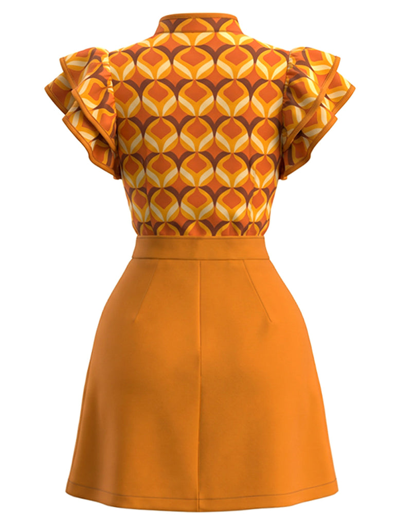 Orange 60er Kleid mit Rüschen und Print