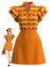 Orange 60er Kleid mit geometrischem Print und Rüschenärmeln