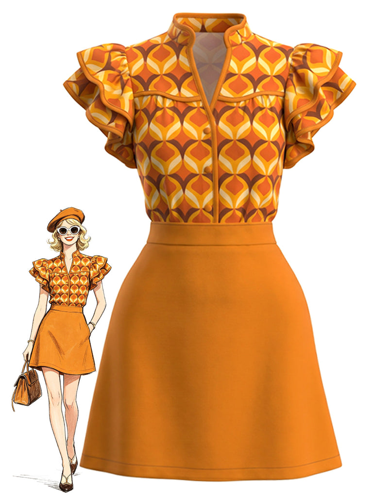 Orange 60er Kleid mit Rüschen und Print