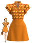 [Vorverkauf] Orange 60er Kleid mit geometrischem Print und Rüschenärmeln